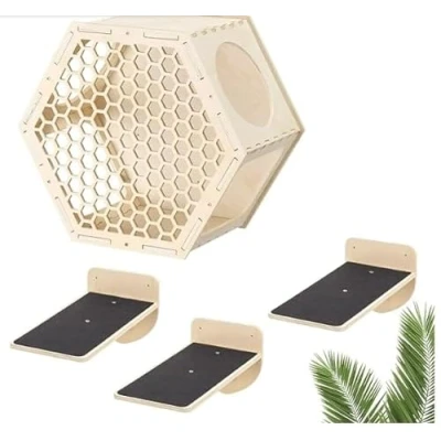 Immagine di Navaris Percorso Gatti da Parete Set 4 1 Mensola Gatto e 3 Scalini Accessori in Casa Giochi Pannello Scaletta Esagonale