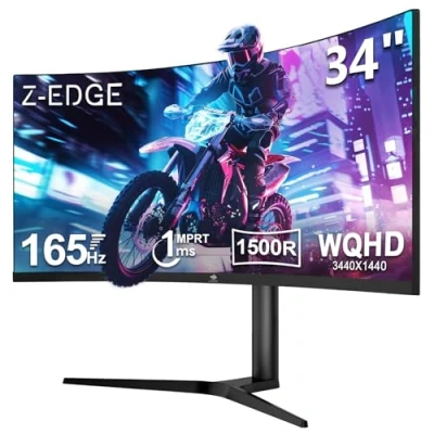 Immagine di Z Edge Monitor Gaming Curvo 34&#039;&#039;, UWQHD(3440x1440), 165 Hz, 1ms MPRT, Schermo Ultra Ampio 21:9 con DP Cavo, AMD FreeSync, Supporto Regolabile, 1500R, 300cd/m², 2*HDMI2.0 &amp; 2*DP1.4, RGB, VESA 100*100mm