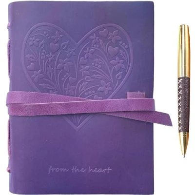 Immagine di Quaderno Appunti in Pelle Viola Cuore di Fiori A5 Diario Viaggio Taccuino Donna e Uomo Fatto a Mano Agenda con Fogli Bianchi 21 x 15 cm (8&quot; 6&quot;) Regali Originali