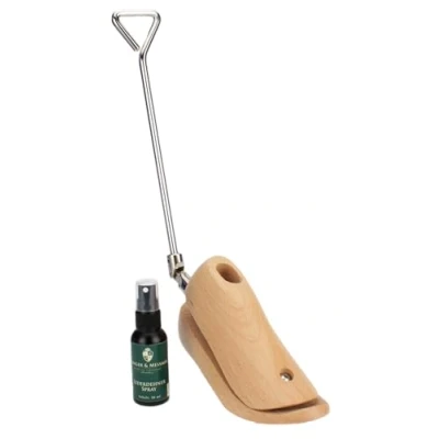 Immagine di Lungo &amp; Messmer, estensore per scarpe e stivali il collo del piede da uomo contro le pressanti, realizzato in legno di faggio massiccio con spray pelle 50 ml, marrone, 42 44