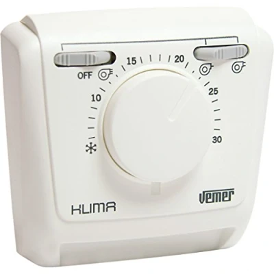 Immagine di VEMER VE268900 KLIMA 3V Termostato Meccanico a Membrana Gas per Ventilconvettori (fan coil), Funzione Riscaldamento/Condizionamento, Selettore 3 Velocità e Interruttore OFF, Bianco