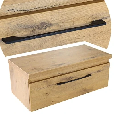 Immagine di Merida Armadietto da bagno sospeso, 80,5 x 40 H32, con 1 cassetto completamente estraibile, effetto rovere, adatto per montaggio a parete o sottolavello, manico nero (effetto quercia)