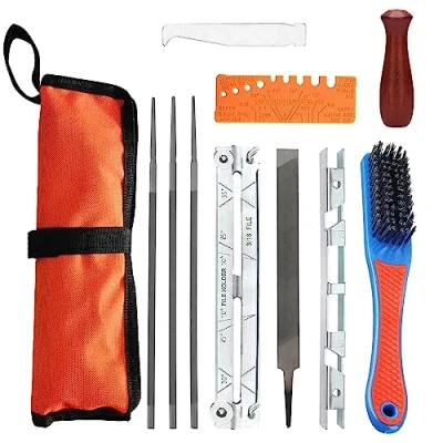 Immagine di Kit Affilatura Catena Motosega 11 pezzi Affilatore Universale per Affilare Motoseghe con 1 Lima Piatta e 3 Tonde di Lime Limatura