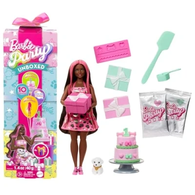 Immagine di Barbie Party Unboxed Shimmerin&#039; Hearts serie Compleanno del Cucciolo, bambola con 10 accessori a sopresa, effetto cambia colore e decorazione torta, giocattolo per bambini, 3+ anni, JFG71