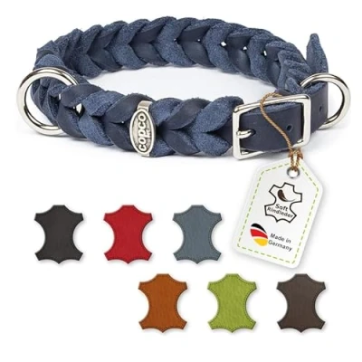 Immagine di CopcoPet Collare in pelle grassa, blu navy, larghezza 25 mm, circonferenza collo 50 55 cm, intrecciato con fibbia ad ardiglione, ottone intrecciato, realizzato a mano Germania, bovina di