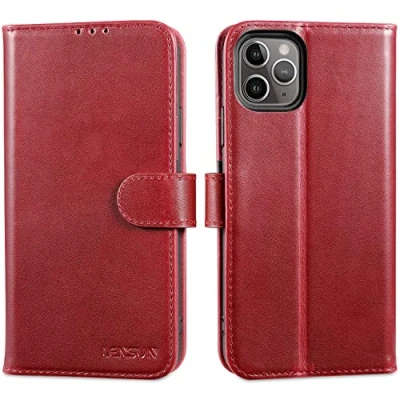 Immagine di Lensun Custodia in Vera Pelle per iPhone 11 Pro, Cover [RFID Blocking] Libro con Portafoglio Chiusura Magnetica Flip Custodie Cuoio Telefono Pro Vino Rosso