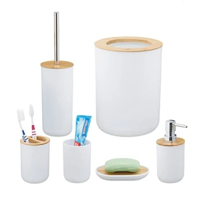 Immagine di Relaxdays Bagno Completo, 6, bambù, Kit WC, Porta Spazzolino, Dentifricio, Sapone e Saponetta, Bianco, Set da 6X Accessori