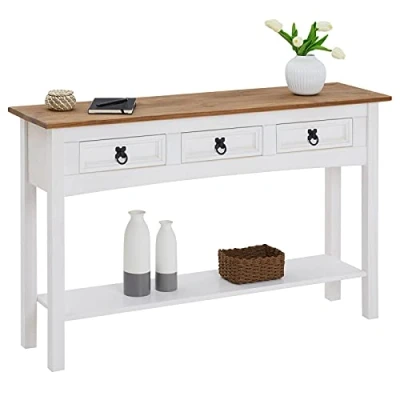 Immagine di CARO Möbel Tavolo consolle in legno di pino massiccio, 3 cassetti, piccola scrivania stile rustico messicano, superficie verniciata e cerata, colore: Bianco