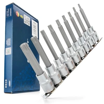 Immagine di HASKYY Set di punte Torx, lunghezza 100 mm, T20 T60 1/2&quot; (12,5 mm), chiave a bussola quadrata, 9 pezzi