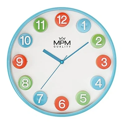 Immagine di MPM Quality Orologio da parete colorato per bambini in plastica, blu/colorato, grandi cifre 3D colorate, movimento al quarzo Sweep