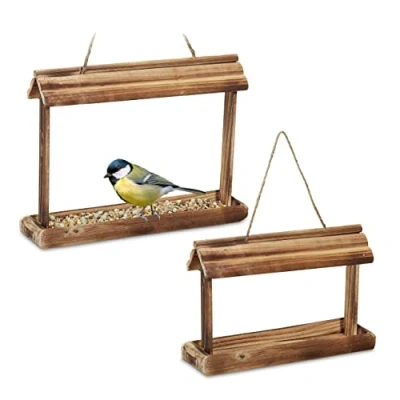 Immagine di Relaxdays Mangiatoia per Uccelli in Set da 2, Base Legno, Mangime, Appendere, HLP 23,5 x 31,5 8 cm, Naturale, 100%