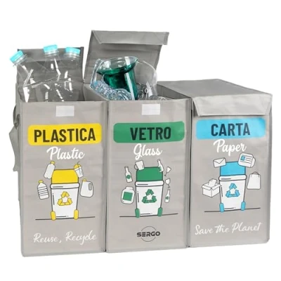 Immagine di Borse Raccolta differenziata con Coperchio Contenitori Interno e Esterno per Plastica, Carta Vetro Pattumiera 3 scomparti