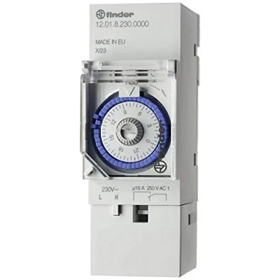 Immagine di Finder Temporizzatore per guida DIN Tensione di funzionamento: 230 V/AC 12.01.8.230.0000 1 scambio 16 A 250 Programma giornaliero, Comando motore