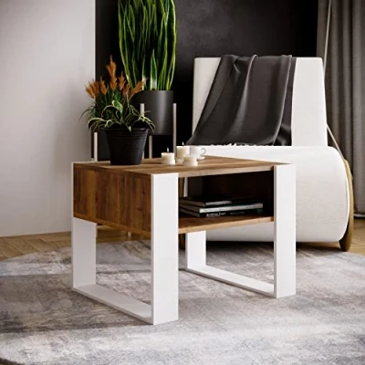 Immagine di MRBLS tavolino da salotto, design moderno rustico, tè, in legno (rovere retrò, bianco opaco), 65 x 45 53,6 cm (larghezza altezza profondità)