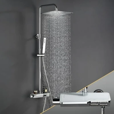 Immagine di Görbach Colonna Doccia con Termostatico in Acciaio INOX 304 Rubinetto Soffione Miscelatore, Set a Pioggia Doccetta Cromo(20x20cm Quadrato)