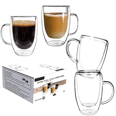 Immagine di Set di 4 tazze per tè e caffè in vetro con manici, isolamento a doppia parete, resistenti al calore, cappuccino, latte, tè, termiche (confezione da tazze, 450 ml)