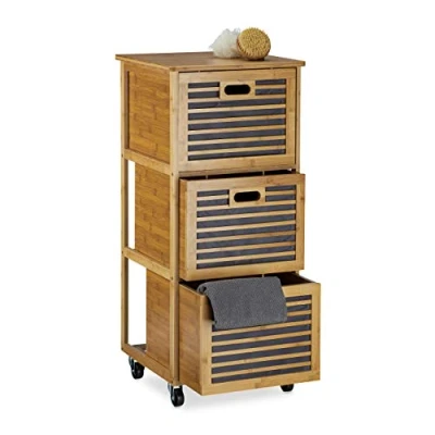 Immagine di Relaxdays Scaffale per Bagno con Rotelle, Armadietto in bambù 3 Scomparti, Multiuso, HLP: 92 x 41 cm, Naturale, 1 pz