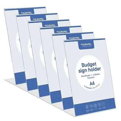 Immagine di Europel Set di 6 supporti da tavolo a L, formato DIN A4, in polistirene trasparente 1,5 mm, per menù e opuscoli, ristoranti, hotel, conferenze ricevimenti