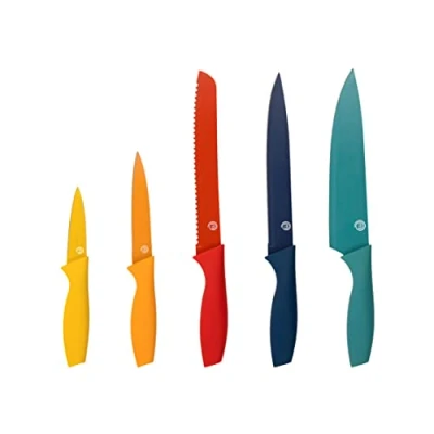 Immagine di MasterChef Set Coltelli da Cucina, Collezione per Pane, Carne e Verdure, Acciaio Inox, Prova di Calore, Manici Lame Colorati, Lavabile in Lavastoviglie, 5 Pezzi