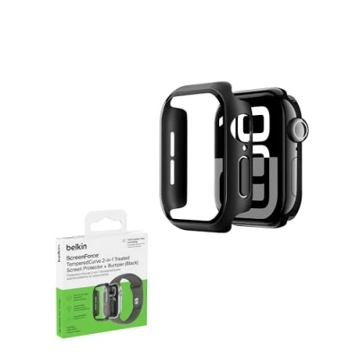 Immagine di Belkin ScreenForce TemperedCurve Cover Apple Watch Series 10 (42mm), 2 in 1 proteggi schermo per con protezione a 360 e bumper protettivo, pellicola vetro temperato, nero