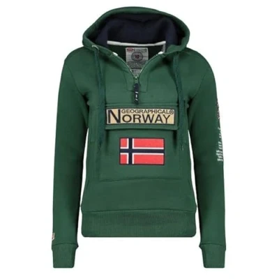 Immagine di Geographical Norway Felpa con cappuccio da uomo, mezza zip e marsupio, a maniche lunghe, produzione BANS per il tempo libero, informale, verde scuro, M