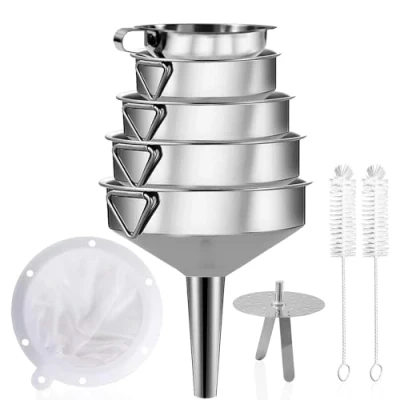 Immagine di Gucass Set di 9 Imbuti in Acciaio Inox, Imbuto da Cucina con Manico, 1 Colino a 200 Maglie, Filtro Inox e 2 Spazzola, Filtraggio Metallo per Succo Spezie Olio Vino