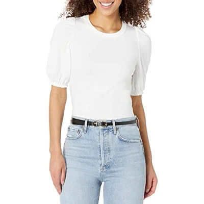 Immagine di Amazon Essentials Maglietta Girocollo a Maniche Corte con Sbuffo e Vestibilità Classica Donna, Bianco Brillante, XL