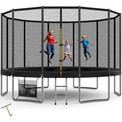 Immagine di Devoko Trampolino Elastico per Adulti e Bambini, Tappeto da Giardino Ø 183/228/305/366/427 cm Set Completo con Rete di Sicurezza, Scaletta, Copertura, Scarpe,150 kg(Blu)