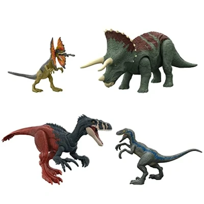Immagine di Mattel Jurassic World Dominion Set Base Dinosauri Istinto Primordiale, include 4 Megaraptor, Pteranodonte Attacco Ruggente, Velociraptor Blue e Dilofosauro, giocattolo per bambini, 4+ anni, HJJ85