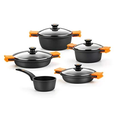 Immagine di BRA Efficient Batteria da Cucina Adatta per Ogni Tipo di fornelli Compresa induzione, Alluminio pressofuso con Antiaderente, Nero, 5 pezzi [Esclusiva Amazon]