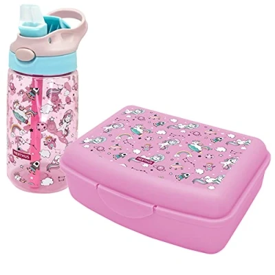 Immagine di Nerthus FIH 1026 SET Bottiglia a doppia parete in acciaio inox + Lunchbox Borsa per panini Zaino Unicorni