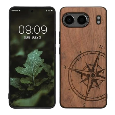 Immagine di kwmobile Custodia Compatibile con OnePlus Nord 4 5G Cover Back Case in Legno Bumper Silicone TPU Bussola Vintage Madreperla Marrone Scuro