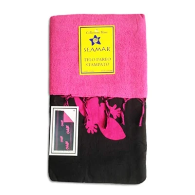 Immagine di Telo Mare Fouta Pareo Doppio Gechi Etnico 90x170 cm con Frange 100% Cotone Sopra Spugna Sotto (Nero Fucsia)