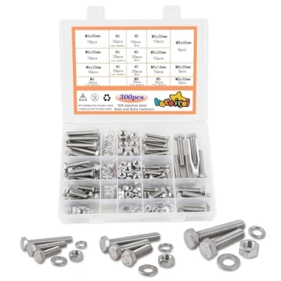 Immagine di huruirui Assortimento di viti M5 M6 M8 con dadi, rondelle Set esagonali, 300 pezzi, in acciaio inox 304, per accessori fissaggio fai da te
