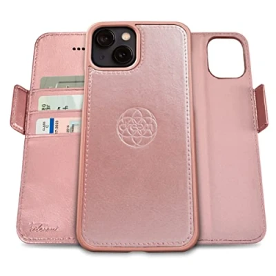Immagine di dreem Fibonacci compatibile con iPhone 13 custodia a portafoglio/custodia antiurto 2 in 1 e folio pelle vegana staccabile, MagSafe, protezione RFID [Rosa]