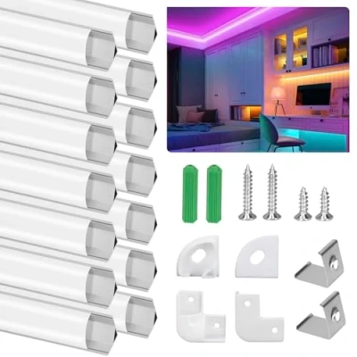 Immagine di Profilo in Alluminio LED Angolo 45, 14 x 1M/3.3ft V Forma con Copertura Bianco Latte Trasparente, Clip di Montaggio e Tappi Terminali Metallo, Compatto Facile da Tagliare Installare Argento