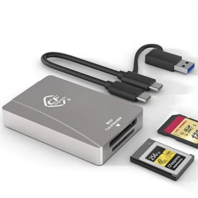 Immagine di Lettore di schede CFexpress tipo B SD, USB 3.2 Gen 2 10 Gpbs, adattatore per in alluminio portatile a doppio slot Supporto Windows/Android/Mac OS/Linux con Cavo Multiplo