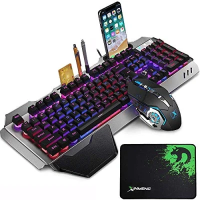 Immagine di LexonElec Gaming Set di tasti e Mouse K618 Wired RGB retroilluminato a LED 104 Keys Poggiamani USB Gamer Keyboard Metal + 2400 DPI ottico 6 pulsanti PC Game Mousepad per computer portatile
