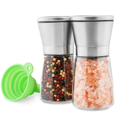 Immagine di M JINGMEI Macina Pepe Set di 2, Sale e Pepe, Macinino Manuale per Spezie Ricaricabile, in Vetro Marino Nero, Cappuccio Regolabile Acciaio Inox