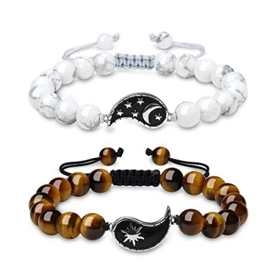 Immagine di COAI Coppia di Bracciali Regolabili per Innamorati con Perle in Howlite e Occhio Tigre Amuleti Yin Yang Sole Luna Acciaio Inox