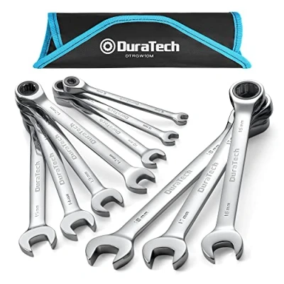 Immagine di DURATECH Set di 10 chiavi combinate a cricchetto, testa fissa, estremità aperta, con custodia rullo, metriche, 6 18 mm, 12 punte, acciaio CR V