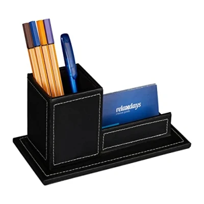 Immagine di Relaxdays Porta Biglietti da Visita Scrivania Organizer Ufficio, Portapenne in Similpelle, HLP: 10,5x20x10 cm, Nero, 50% plastica 40% Fibra 10% Poliestere