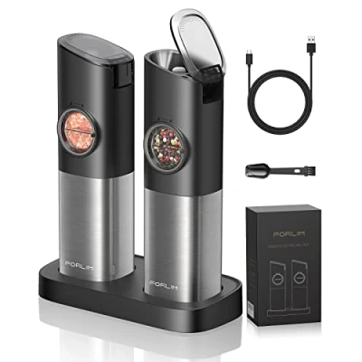 Immagine di FORLIM Set macina sale e pepe elettrico, con base ricaricabile, automatico, granulometria regolabile, acciaio inox, per cucina barbecue, confezione da 2, nero