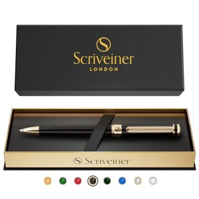 Immagine di Scriveiner Pen, Splendida Penna a Sfera in Lacca Nera e Finitura Oro 24 Carati, Refill Inchiostro Nero, Penne Eleganti, Professionali, da Ufficio, Idee Regalo per Lui Lei