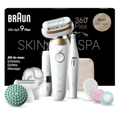 Immagine di Braun Silk épil 9 Flex SkinSpa Depilatore Donna, Epilatore Elettrico Donna Con Testina Flessibile a 360 Per Una Epilazione Semplice, Wet &amp; Dry, Pelle Liscia Lungo, 681 3D, Bianco/Oro