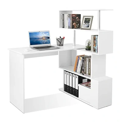 Immagine di Mondeer Scrivania Per Computer a Forma di L, ad Angolo, Con Scaffale Girevole 360 Gradi L&#039;ufficio e lo Studio, 157 x 45 130.5 cm, Bianco