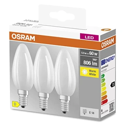 Immagine di OSRAM LED Lampe, a Candela, E14, 5.5 Watt, Bianco, Bianco Caldo, 2700 Kelvin, 3 Pack