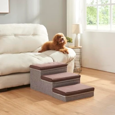 Immagine di [en.casa] Scala a 3 Gradini per Cani e Gatti Scaletta Salvaspazio Contenitori Pieghevoli con Coperchio Antiscivolo in Ecopelle 75 x 40 30 cm Marrone Scuro/Grigio