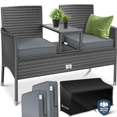 Immagine di KESSER® Panca da giardino in polyrattan con tavolo integrato + cuscini, 2 posti, 133 x 55 84 cm, rattan, Giardino, Balcone, Divano Resistente alle intemperie, Antracite