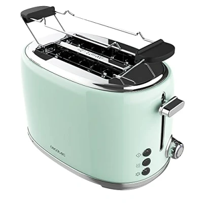Immagine di Cecotec Tostapane 2 fette Toast&amp;Taste 1000 Retro Double Blue. 980 W, fessure larghe da 3,8 cm e corte, acciaio inossidabile, aste superiori, potenza regolabile, vassoio raccogli briciole
